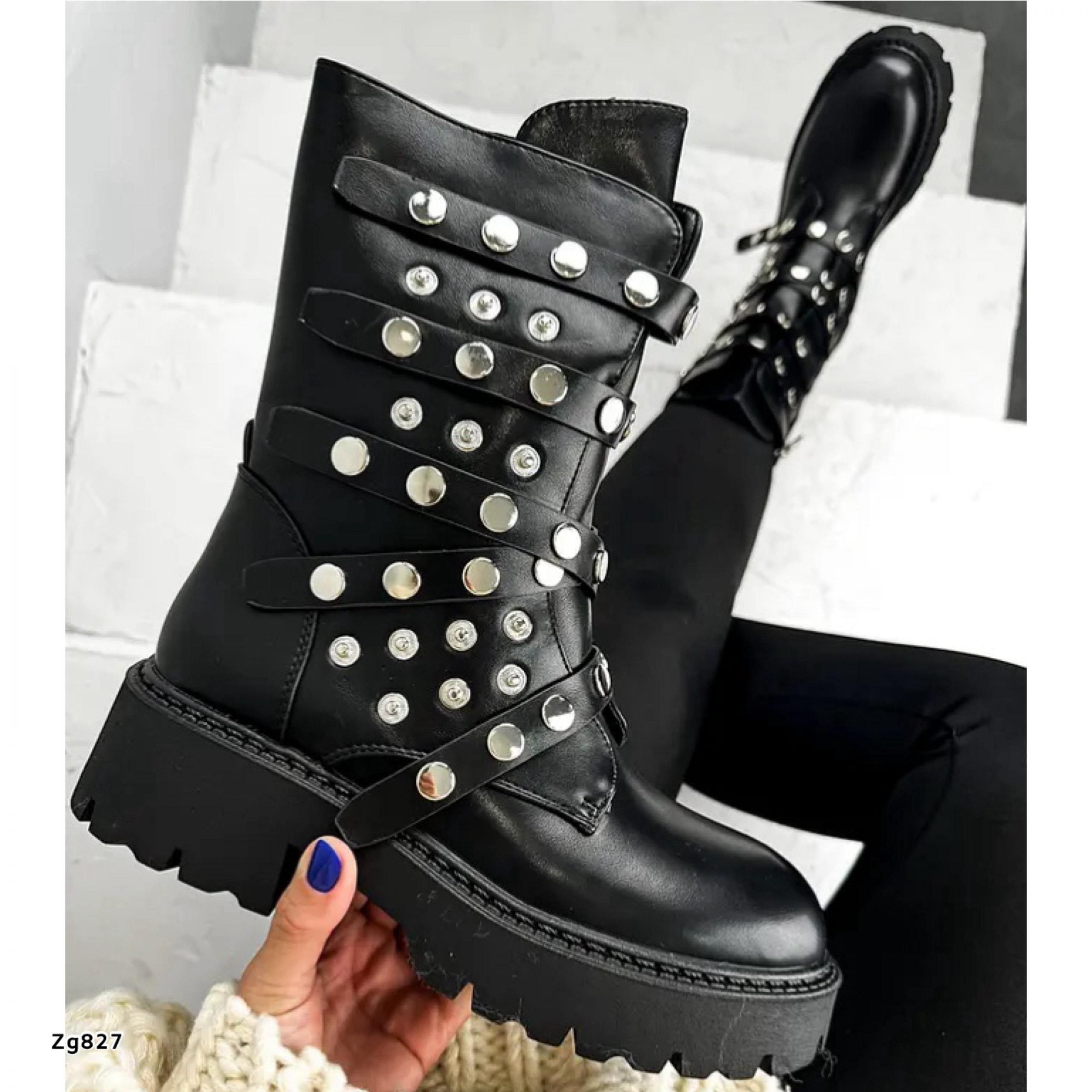 Bota negro apliques plateado correas suela 4cm 151KSL C-1